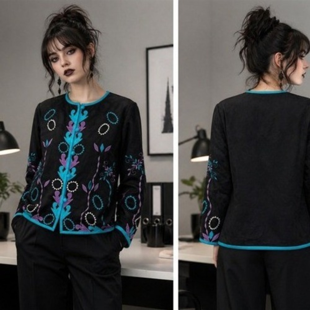 Boutique Studio Jacket Medium‎ Black Purple Blue Embroidered Floral Art to Wear